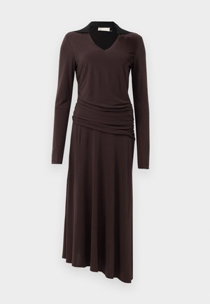 Brown long-sleeve dress with a V-neck and black collar, featuring gathered texture along the waist and a flowing hem.