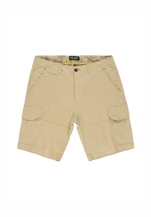 Beige cargoshorts van katoen met een knoopsluiting, voorzien van twee voorzakken en twee zijvakken, met een gladde textuur.