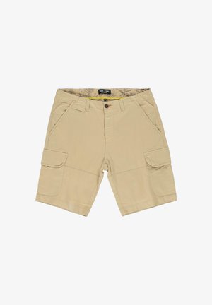 Beige cargoshorts van katoen met een knoopsluiting, voorzien van twee voorzakken en twee zijvakken, met een gladde textuur.