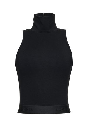 Czarny, bezrękawnikowy krótki top z wysokim golfem i dopasowanym fasonem, z subtelnym wytłoczonym logo na dolnym brzegu.