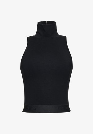 Czarny, bezrękawnikowy krótki top z wysokim golfem i dopasowanym fasonem, z subtelnym wytłoczonym logo na dolnym brzegu.