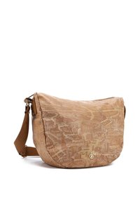 Borsa a spalla tan con motivo della mappa della città, materiale sintetico morbido, tracolla regolabile e dettagli metallici del logo sul davanti.