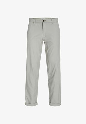 Helle graue Baumwollhosen mit einem Knopfverschluss, Fronttaschen und hochgekrempelten Säumen. Glatte Textur und gerade Beinform.