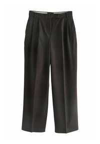 Pantaloni a quadri scuri in una vestibilità ampia, con davanti piatto, passanti per cintura e un tessuto liscio e strutturato per una caduta definita.