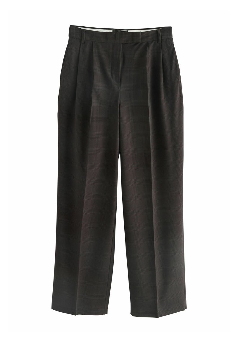 Pantaloni a quadri scuri in una vestibilità ampia, con davanti piatto, passanti per cintura e un tessuto liscio e strutturato per una caduta definita.