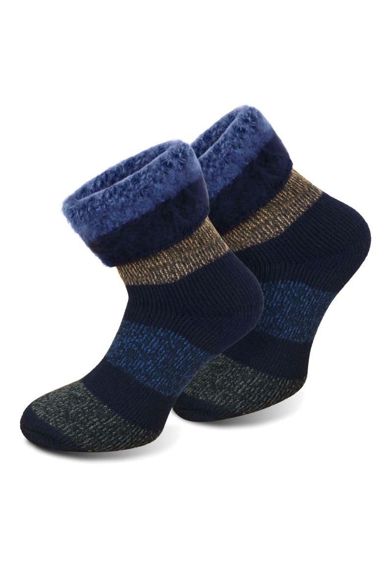 Marineblau gestreifte Socken mit einem flauschigen Bündchen. Hergestellt aus weichem Material, mit strukturierten Mustern und einer verstärkten Zehen- und Fersenkonstruktion.