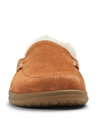 Brown suede slip-on slippers with a rounded toe, featuring a fluffy white fur lining and a textured rubber outsole for grip.