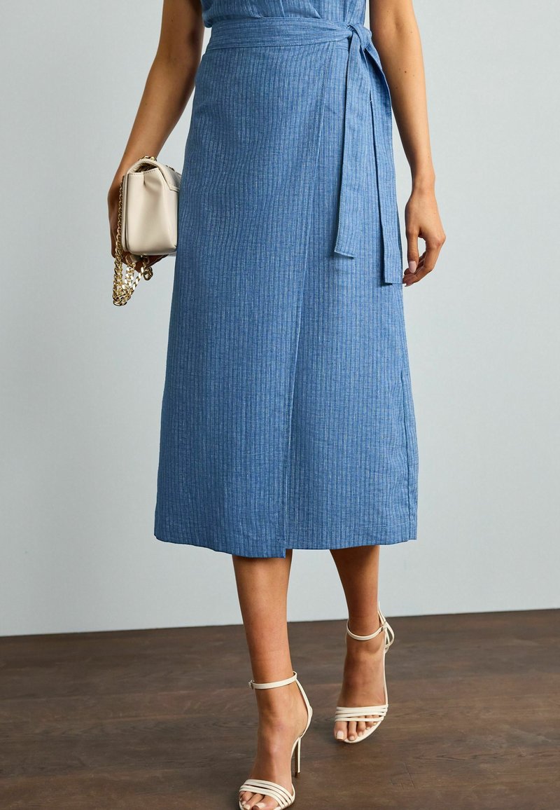 Femme portant une jupe portefeuille bleue longueur genou avec des escarpins blancs à brides et tenant un sac à main beige avec une bandoulière chaîne dorée.