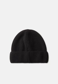 Black knitted beanie with a ribbed texture, featuring a folded brim. The material appears soft and stretchy. Simple, unadorned design.
