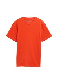 Kortærmet T-shirt i lys orange, lavet af tekstureret stof med rund hals. Enkel design, ingen synlige mønstre eller accenter.