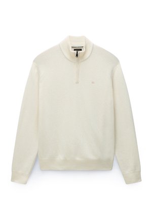 Cremefarvet langærmet sweater med ribstrikket krave, manchetter og kant, med kort lynlås foran og lille logo på venstre bryst.