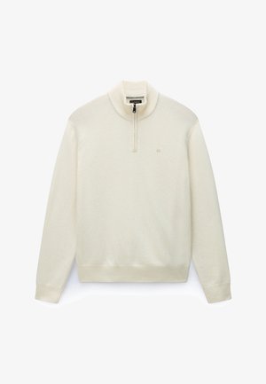 Cremefarvet langærmet sweater med ribstrikket krave, manchetter og kant, med kort lynlås foran og lille logo på venstre bryst.