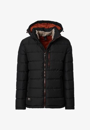 Sort dunjakke med hætte, med orange foring, lynlåslukning foran og knapper i siderne. Indersiden har en blød tekstur.