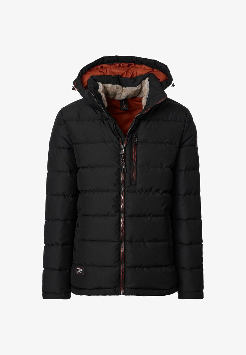 Czarna kurtka puchowa z kapturem, z pomarańczową wyściółką, zapinana na zamek z przodu oraz guziki po bokach. Wnętrze ma miękką fakturę.