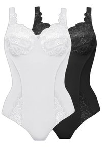 Two bodysuits in black and white, featuring lace accents on the bust and sides, adjustable straps, and a smooth fabric finish.