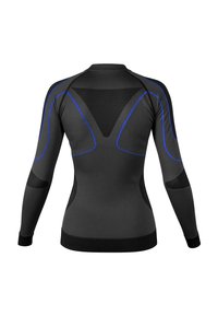 Black athletic long-sleeve top with blue accent lines, featuring a fitted design and textured paneling on the shoulders and sides.