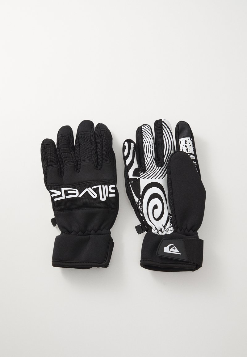 Guantes de invierno negros con palmas de patrón texturizado en blanco y negro. Puños ajustables y un logotipo en la zona de la muñeca. Apto para clima frío.