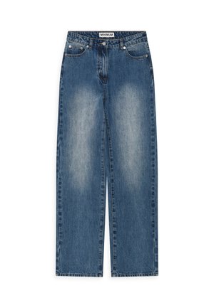 Svijetloplave traper široke hlače s izblijeđenim pranjem, pet džepova, metalnim detaljima i oznakom na pojasu.