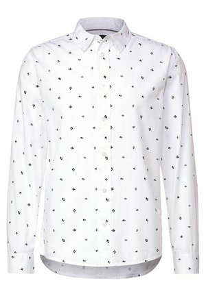 White long-sleeve button-up shirt with small black abstract symbols evenly printed all over the fabric.