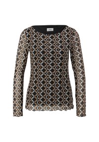 Długi rękaw siatkowy top w czarnym kolorze z misternym geometrycznym wzorem w odcieniach pomarańczowego, kremowego i szarego. Posiada okrągły dekolt oraz falbaniasty dół.