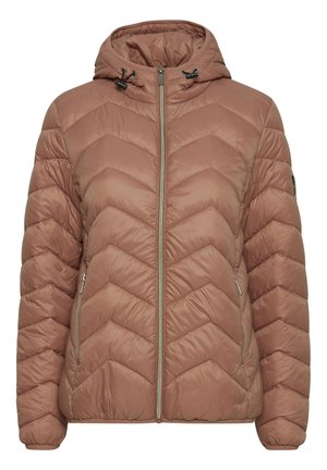 Brown chevron-quilted puffer jacket with a hood, featuring a front zipper and two side pockets, made from a lightweight, water-repellent material.
