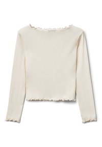 Langärmliges Oberteil aus cremefarbenem Rippstoff mit einem welligen, gerüschten Ausschnitt und Saum. Verfügt über eine taillierte Passform und eine weiche Textur.