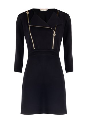 Schwarzes Kleid mit tailliertem Oberteil und Reißverschlussdetail am Revers. Mit goldenen Hardwaredetails und Dreiviertelärmeln. Sanfte Stoffstruktur.