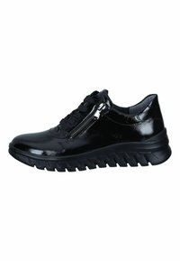 Sneaker in pelle verniciata nera con suola testurizzata, chiusura con lacci e dettaglio della cerniera laterale per una facile vestibilità.