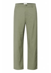 Pantaloni de un verde măsliniu deschis, dintr-un material fin și ușor. Au o închidere cu nasture în față și un design clasic cu picioare drepte.
