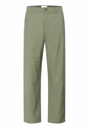Light olive green trousers made of a smooth, lightweight fabric. Features a front button closure and classic straight-leg design.