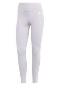 Lichtpaarse sportleggings met een hoge tailleband, een gladde textuur en witte zijstrepen. Voorzien van een klein Adidas-logo aan de voorkant.