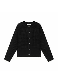 Cardigan noir en maille avec un motif texturé, col rond et fermeture à six boutons. Caractérisé par des manches longues et une coupe courte.