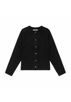 Cardigan nero lavorato a maglia con motivo a rilievo, collo rotondo e chiusura con sei bottoni. Presenta maniche lunghe e design corto.