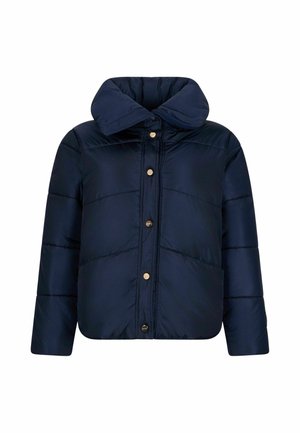 Giacca piumino blu navy con colletto alto, dotata di bottoni dorati, una texture liscia e dettagli di cuciture orizzontali.