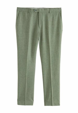 Pantaloni verde chiaro realizzati in tessuto strutturato con una vestibilità su misura. Presentano una chiusura con bottone e tasche laterali.