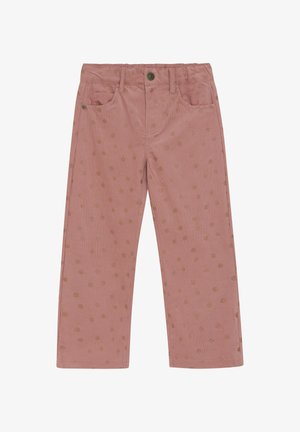 Długie, proste spodnie z kordnej tkaniny w stonowanym różu, z delikatnym złotym wzorem w kropki. Posiadają pięć kieszeni oraz standardowe zapięcie na guzik.