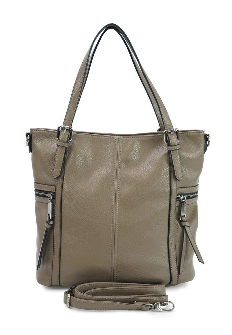 Grijze leren schoudertas met een textuurafwerking, dubbele handvatten en schouderband. Heeft zwarte accenten en meerdere met rits afgesloten vakken.