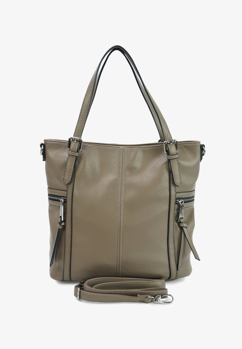 Grijze leren schoudertas met een textuurafwerking, dubbele handvatten en schouderband. Heeft zwarte accenten en meerdere met rits afgesloten vakken.