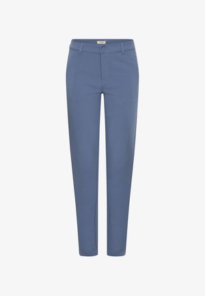 Hellblaue maßgeschneiderte Hose aus glattem Stoff, mit Knopfverschluss und Seitentaschen, im Slim-Fit-Design.
