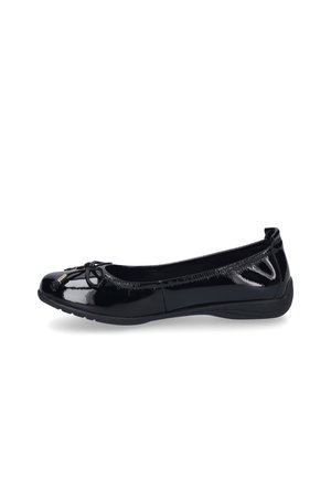 Schwarze Lackleder-Balletflats mit abgerundetem Zehenbereich, dekorativem Bogen, elastischen Seiten und strukturiertem Gummisohle für Flexibilität.