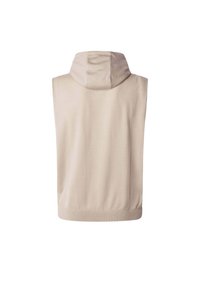 Gilet senza maniche beige con cappuccio, orlo a coste e una texture sottile, caratterizzato da un design semplice senza chiusure o dettagli aggiuntivi.