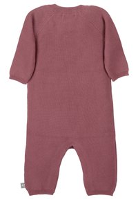 Knitted onesie in mauve with long raglan sleeves, ribbed cuffs, and a soft textured finish; features a tag on the left hip.