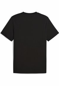 En plain sort kortærmet t-shirt med rund hals set fra ryggen på en hvid baggrund.