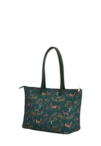 Žalia nedidelė rankinė su miško gyvūnų dizainu, kuriame yra lapės ir elniai, pagaminta iš tekstilės su dviem rankenomis ir auksiniu užtrauktuku.