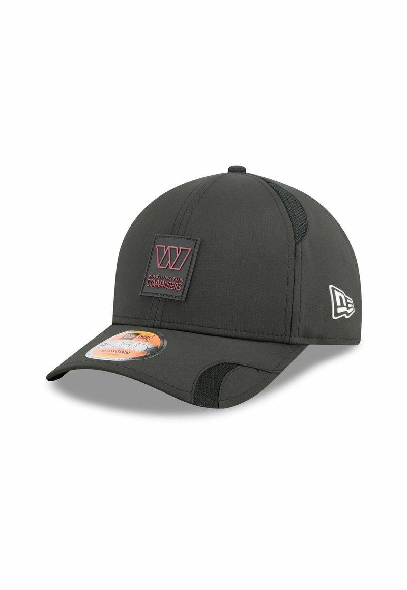 Dark gray cap with a rounded crown, flat visor, mesh side panels, and a prominent red and black Washington Commanders patch on the front.
