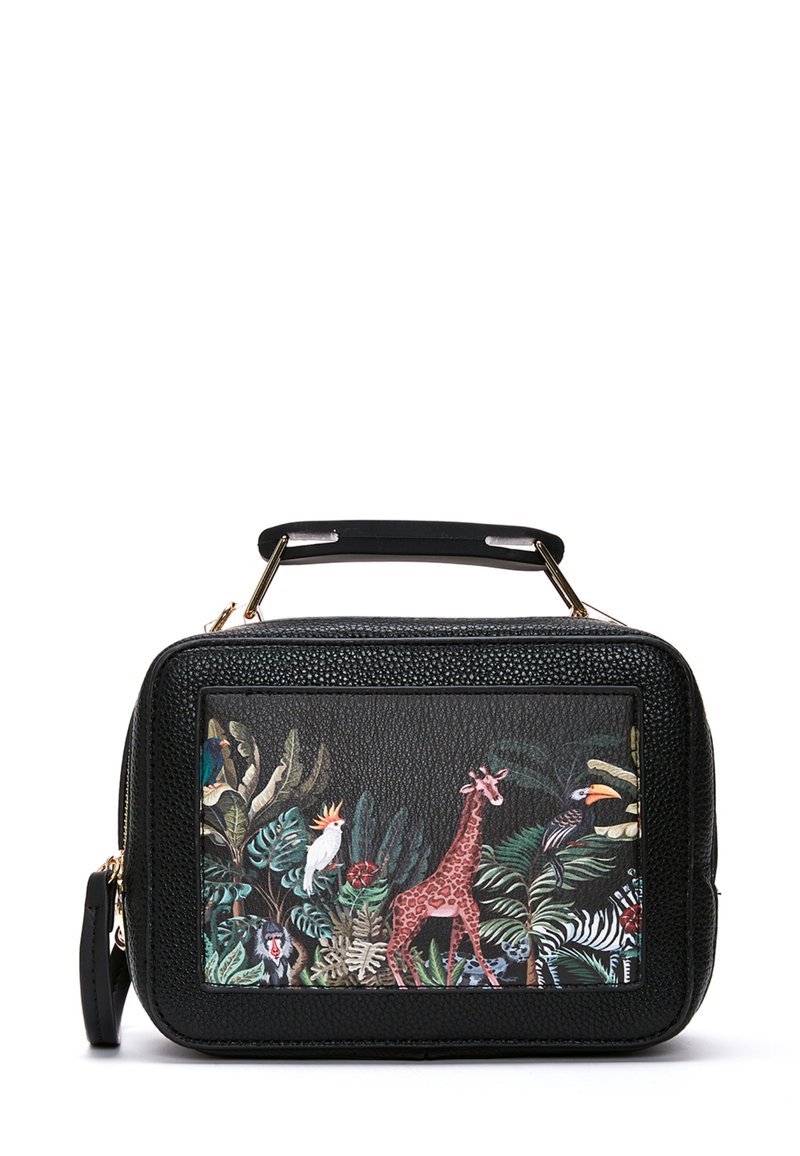 Borsa in pelle nera con texture, dotata di chiusura a zip e caratterizzata da una stampa colorata di fauna selvatica con una giraffa e piante tropicali sul fronte.