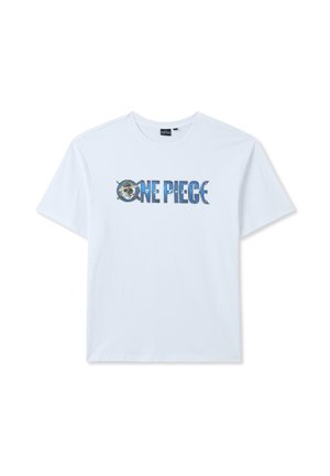 T-shirt bianca in cotone con grafica "ONE PIECE" in blu e nero, insieme a un teschio di pirata con design di spade incrociate. Maniche corte, collo rotondo.