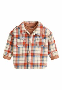 Børns langærmet skjorte med knapper i orange, blå og cremefarvet ternet mønster, forlommer og lagde brune inderskuffeer og krave.