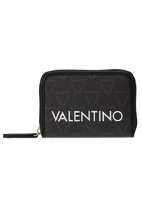 Portofel din piele texturată neagră, cu un logo embosat și inscripția albă "VALENTINO" pe față, având un sistem de închidere cu fermoar auriu.