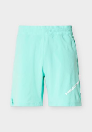 Shorts de sport bleu clair avec taille élastique et logo blanc "HEAD" sur la partie inférieure de la jambe droite.
